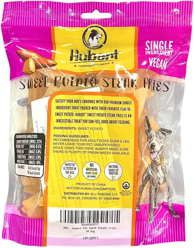 Hubert Pet Sweet Potato Fries Dog Treats, Single-Ingredient and Vegan, All-Natural for All Breeds, No Additives, 1 lb Bag