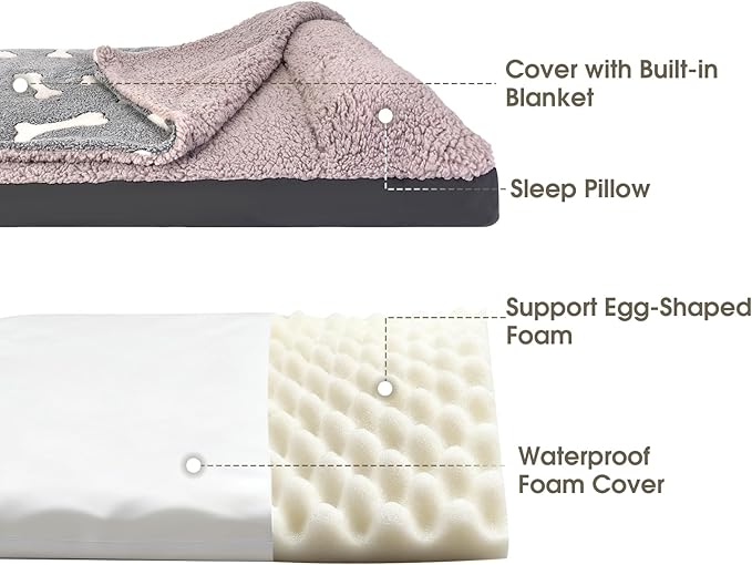 Dog Bed with Cover Pillow Blanket Attached, 30''X20'' Washable Rectangle Hooded Cozy Cave Cat Puppy Calming Crate Bed & Removable Cover, Indoor Covered Kennel Furniture Couch Sofa for Small Medium Pet