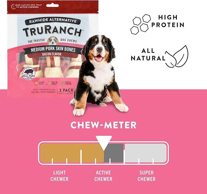 TRURANCH Medium Pork Skin Bones, Bacon Flavor - Collagen Bones for Dogs - Made with Real Pork Skin - Rawhide Alternative - Limited Ingredient - Easy to Digest Treat, 1 Bag, 3 Count