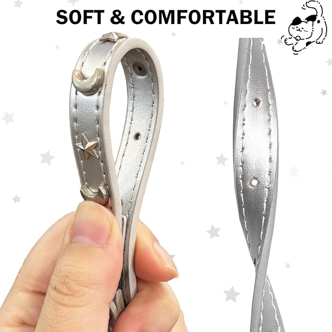 Leather Cat Collars for Boy Girl Cats with Bell and Safety Elastic Belt, Personalized Star and Moon Stud Adjustable Safe Buckle Collar for Kitty Small Big Cats Size 7-9 Inch, Silver Grey