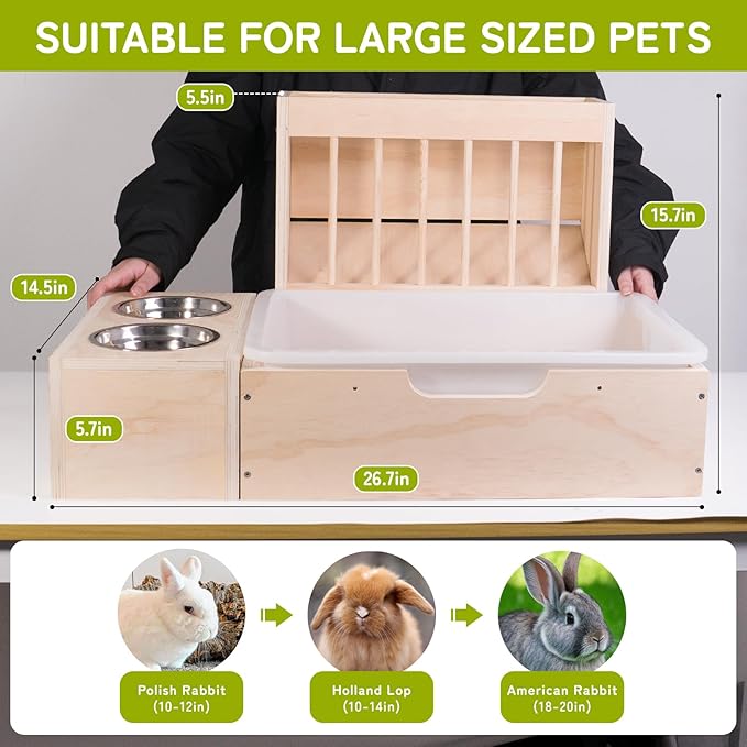 3 in 1 Extra Large Rabbit Hay Feeder with Litter Box, Wooden Bunny Toilet, for Large and Medium-Sized Dwarf Rabbit, Other Animals
