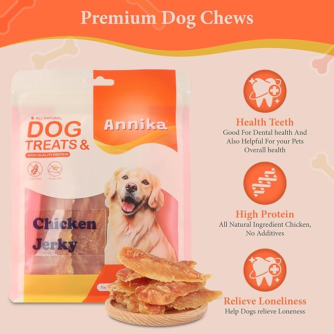 Annika Chicken Jerky Dog Treats – Natural, Low-Fat Strips & Chews, Dog Training Snacks with Chicken Breast, Grain-Free, 11.6 oz Healthy Treats for All Breeds