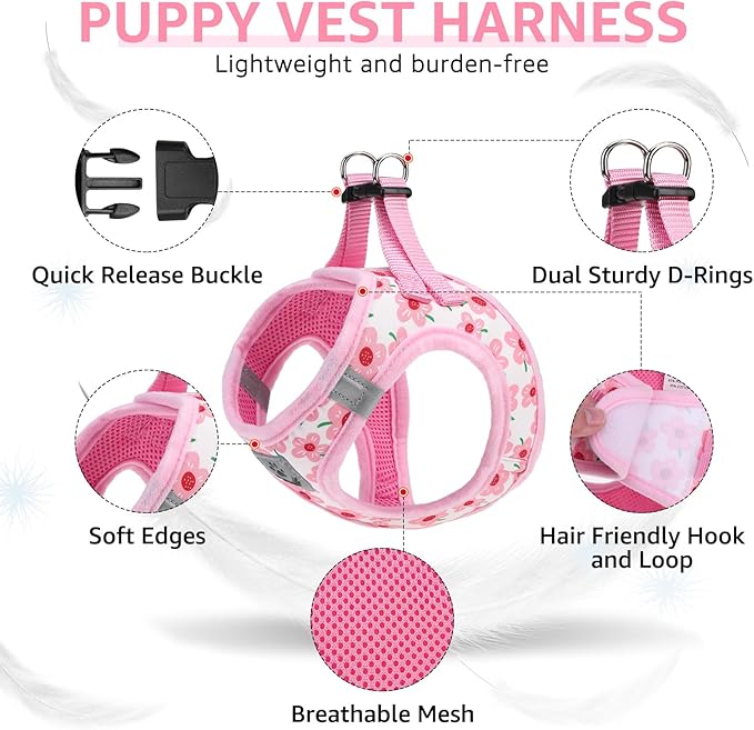 SCENEREAL Small Dog Harness and Leash Collar Set, Step in Soft Light Puppy Vest, Breathable Pet Harness for Small Sized Dogs, No Chock Reflective for Safe Outdoor Walking, Pink Flower S
