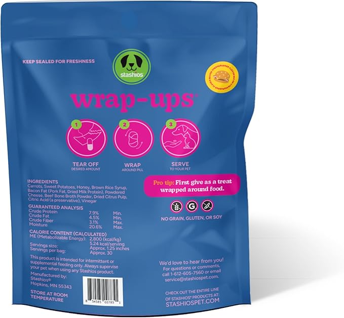 Stashios: Wrap-Ups: Pill Wrapper - Bacon Cheeseburger - 30 Servings Bag, Dogs & Cats, Treat Hides Any Size Pills, All Natural Limited Ingredients, USA