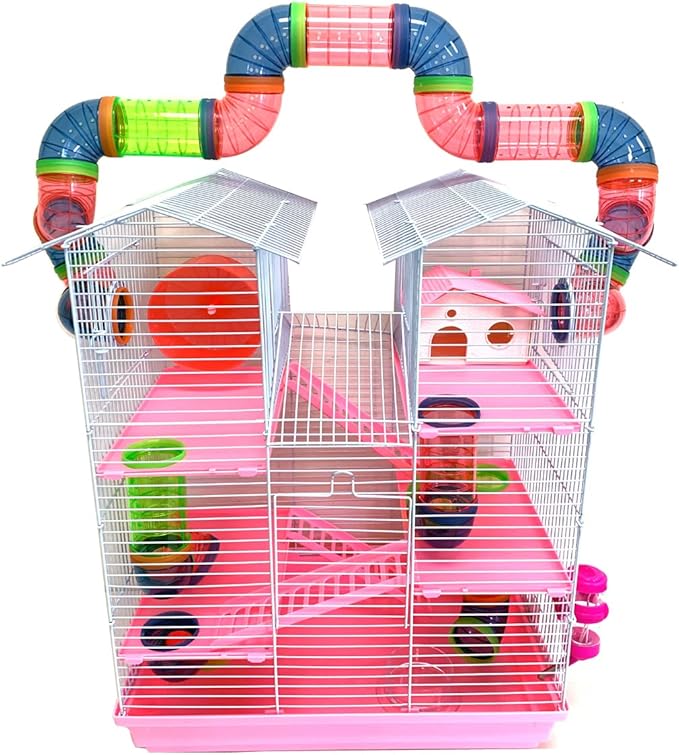 Large Pink 5-Floors Twin Tower Syrian Hamster Rodent Gerbil Mouse Mice Rat Cage with Crossover Tube Tunnel