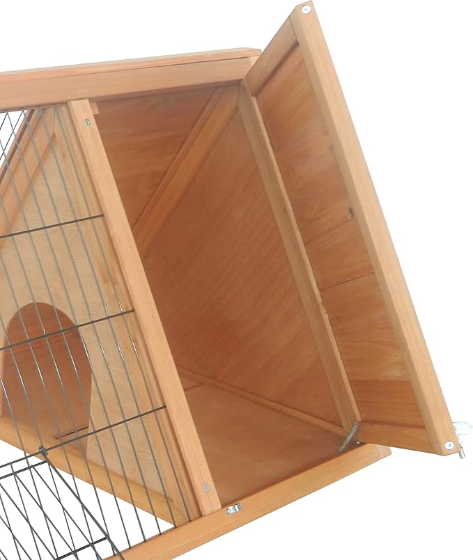 PawHut 46" x 24" Wooden A-Frame Outdoor Rabbit Hutch, Small Animal Cage, Bunny Hutch with Outside Run & Ventilating Wire, Yellow
