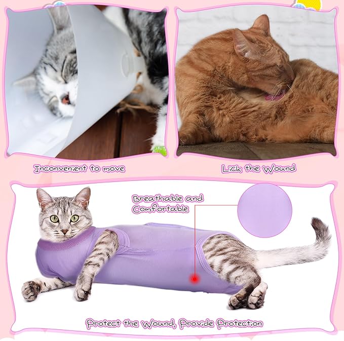 Nuanchu 3 Pieces Cat Recovery Suit Kitten Recovery Suit E-Collar Alternative for Cats and Dogs Abdominal Skin Anti Licking Pajama Clothes Sets(Large,Solid Style,Purple Pink Blue)