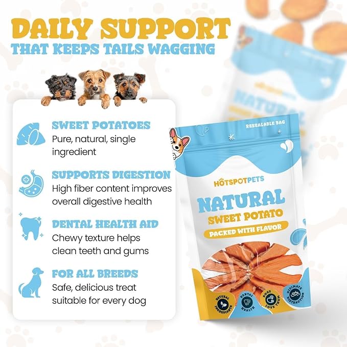 hotspot pets Dehydrated Sweet Potato Dog Treats - All Natural Rawhide Free, Grain-Free, & High in Fiber- Ideal for Small to Large Dogs - Perfect Dog Chews for Training, or Treat (3 Ounces)