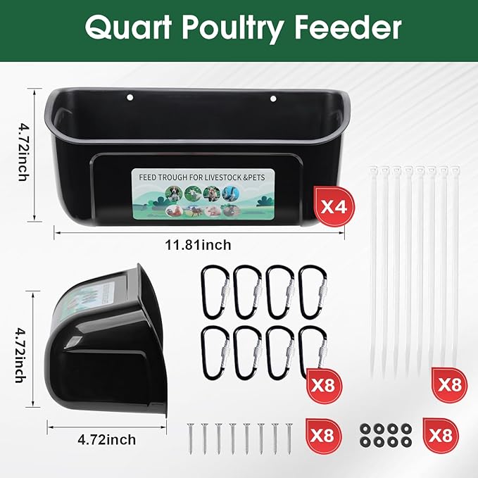 PIREKZUNT 4 Pack Chicken Duck Feeder, Poultry Feeders and Waterers, Hanging Goat Feeder, Livestock Feeding Container, Feed Trough and Waterer Bucket with Clips(Black)