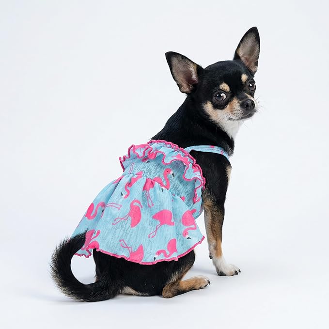 Fitwarm Flamingo Dress, Summer Clothes for Small Dogs Girl, Ruffled Hawaiian Sundress, Pet Outfit, Blue, Pink, Large