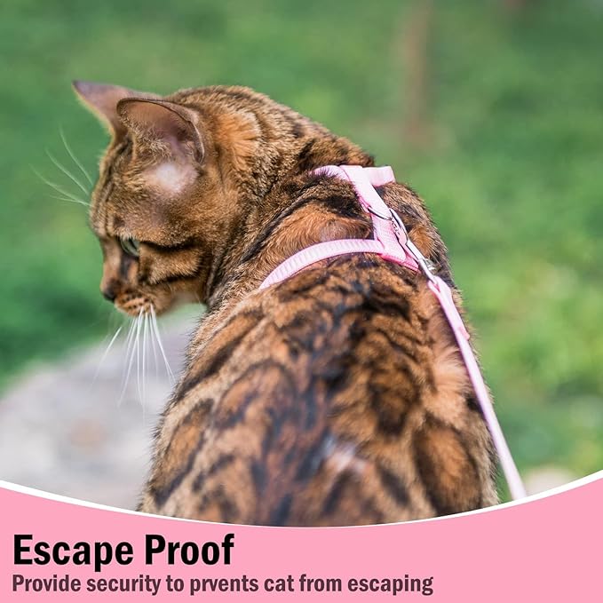PUPTECK Adjustable Cat Harness and Leash Set Escape Proof Kitten Strap Collar for Walking Travel, Light Pink