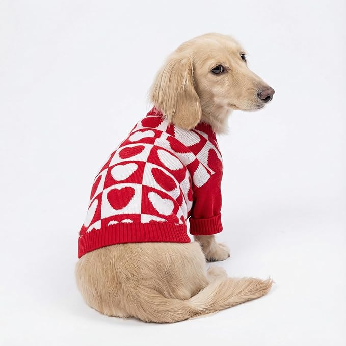 Fitwarm Checkered Heart Dog Sweater, Cozy Valentines Outfit for Small Dogs Girl, Festive Pet Clothes, Red, White, XL