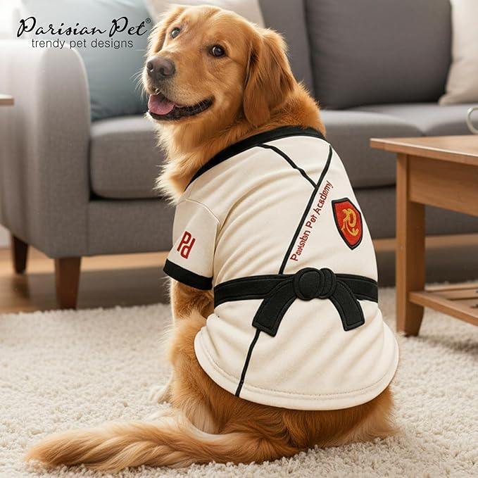 Parisian Pet Dog Karate Academy Shirt - Embroidered Pet Vest - 100% Cotton & Polyester Doggy Shirt - Lightweight Pet Clothes - Sleeved Puppy Costume - Funny Shirts for Large Dogs - L