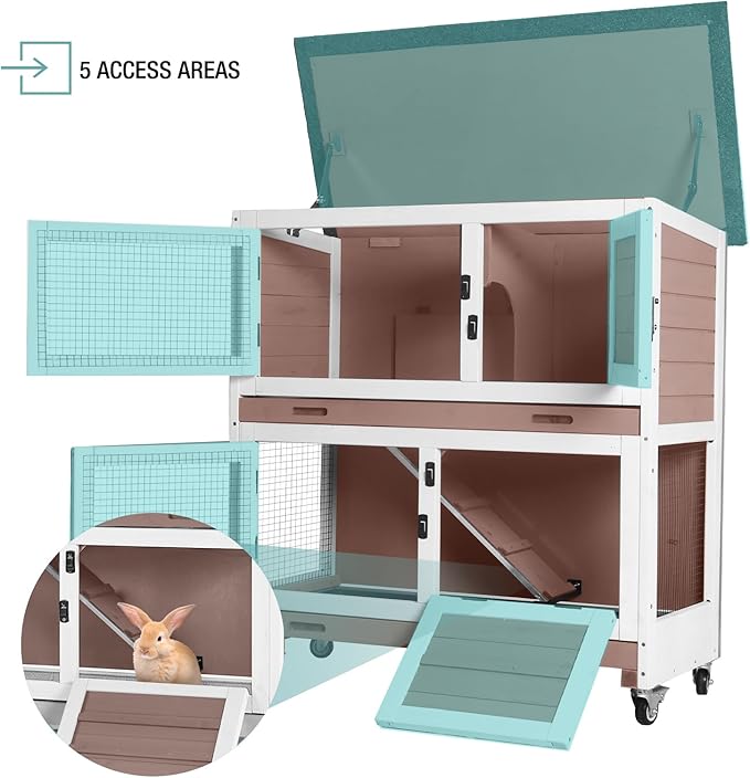 Suumerpety 2-Tier Wooden Rabbit Hutch Indoor Bunny House Guinea Pig Cage with Sliding Plastic Trays Wheels for Easy Cleaning Ventilation Design and Mobility, 36 Inch Small Animal Home (Brown, M)