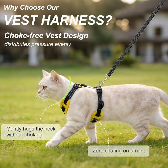BEAUTYZOO Cat Harness, Escape Proof Cat Leash and Harness Set for Walking, Soft Breathable Vest Harness with Safety Neck Adjustable, Reflective Easy-Control Kitten Harness for Cats (Bee Design)