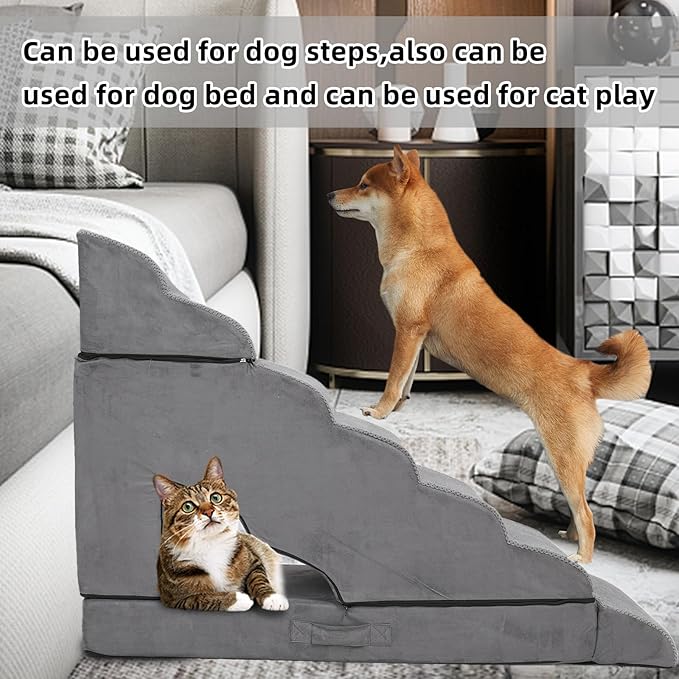 7-Step Dog Stairs for High Beds 30-36 inches, Dog Steps for High Bed Couch, Tall pet Stairs for high beds for Small, Older Pets, Non-Slip Balanced Pet Ramp Indoor, Grey