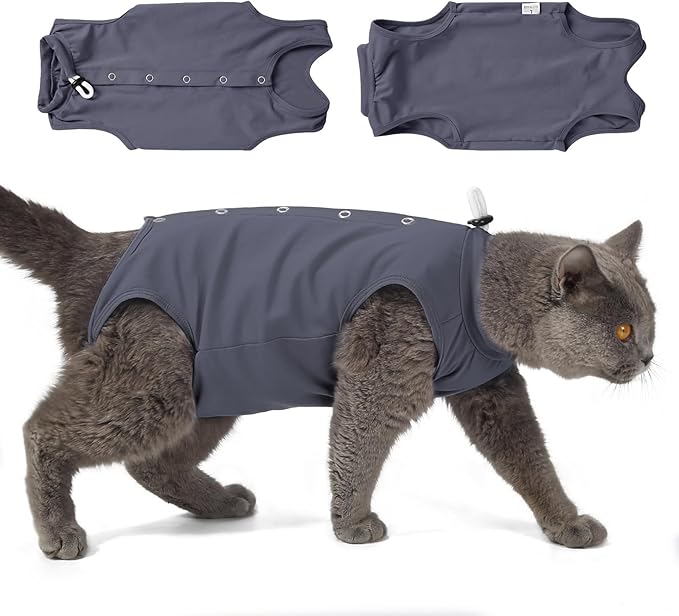 HEYWEAN Cat Recovery Suit Soft Onesie After Surgery for Female Male Cats Breathable Spay Abdominal Wound Protection Cone Alternative (Grey, Medium)