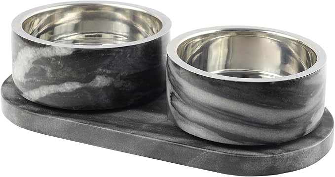 DBL1000D Marbre Small/Medium Modern Weighted Double Marble and Stainless Steel Bowl 12oz (1.5 Cups) Feeder with Non-Slip Marble Tray Set, Black/White