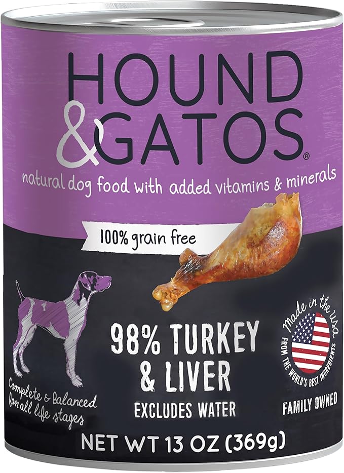 Hound & Gatos Wet Dog Food, 98% Real Meat, Single Protein Turkey Recipe, High Protein, Supports Digestive Health, Limited Ingredients, Grain Free, 13 oz. Cans (Pack of 12)