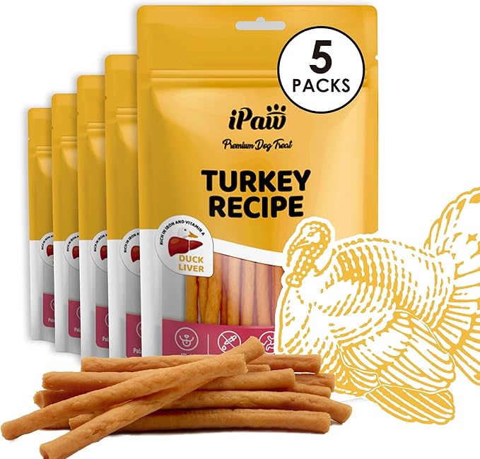 iPaw Turkey Dog Treats, All Natural Human Grade Dog Treat, Suitable for Training chew, Hypoallergenic, Rawhide Alternative, Thin Stick (Duck Liver), 5 Packs