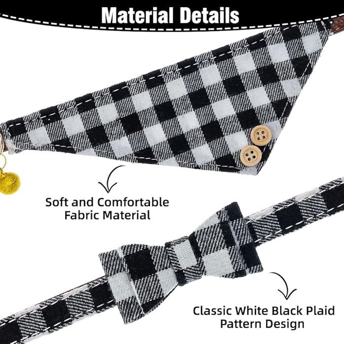 EXPAWLORER Dog Collar and Leash Set - Classic Plaid Dog Bow Tie and Dog Bandana Collar with Bell, Dog Leash Tangle Free, Adjustable Collars for Small Medium Dogs, Holiday Ideal Gift, SM