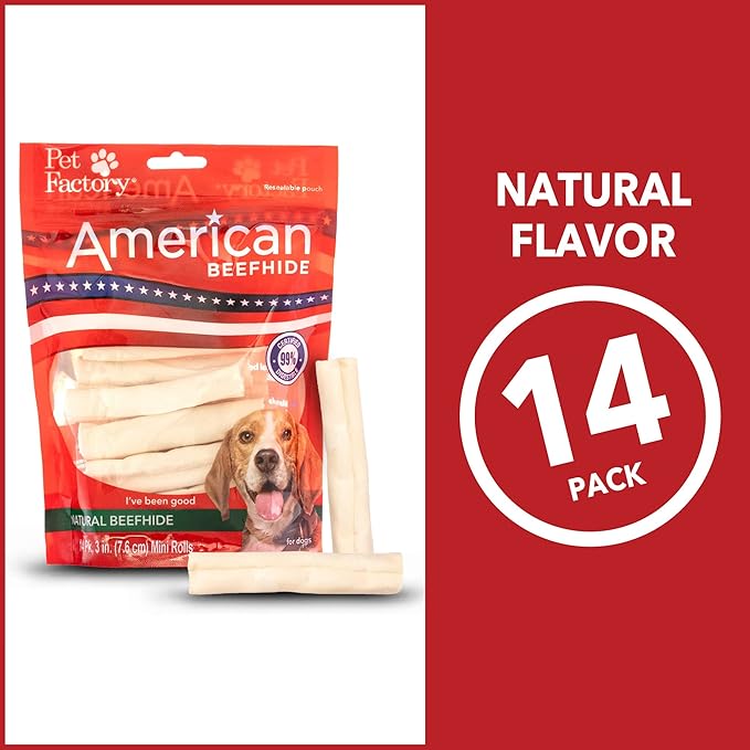 Pet Factory American Beefhide 3-3.5" Mini Rolls Dog Chew Treats - Natural Flavor, 14 Count/1 Pack