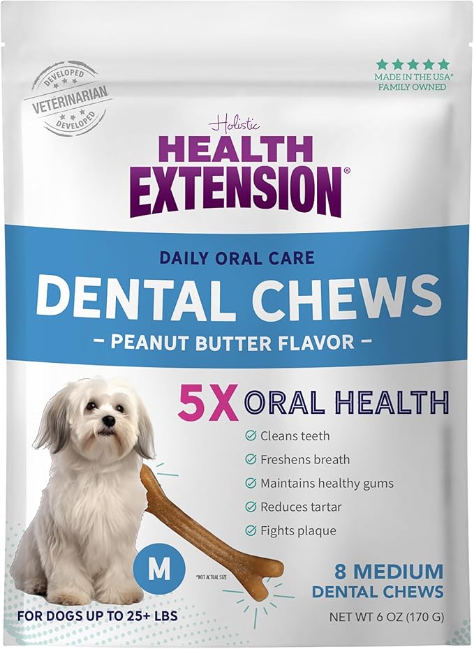Health Extension Peanut Butter Dental Bones for Dogs, 8 Medium Bones – Supports Dental Health, Delicious Flavor, Ideal for Puppy Training