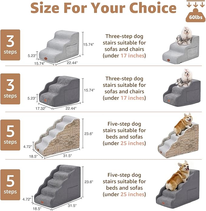 Woochpet 15.7”H Ramp Dog Stairs for Small Dogs, Side Armrest 3 Tier Wider Curved Pet Stairs for Couch and Beds，High-Density Foam Indoor Dog Steps with Non-Slip Bottom and Washable Cover for Old Cats