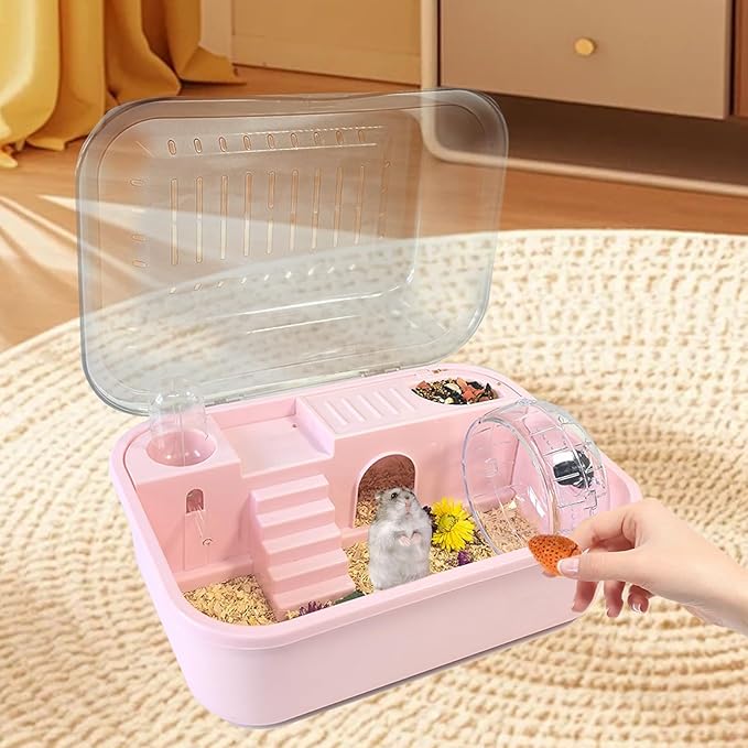 Hamiledyi Dwarf Hamster Cage Clear Plastic Small Hamster Cage Portable Carrier with Water Bottle Exercise Wheel Bathtub Box Set Toy for Dwarf Baby Hamster (Pink)