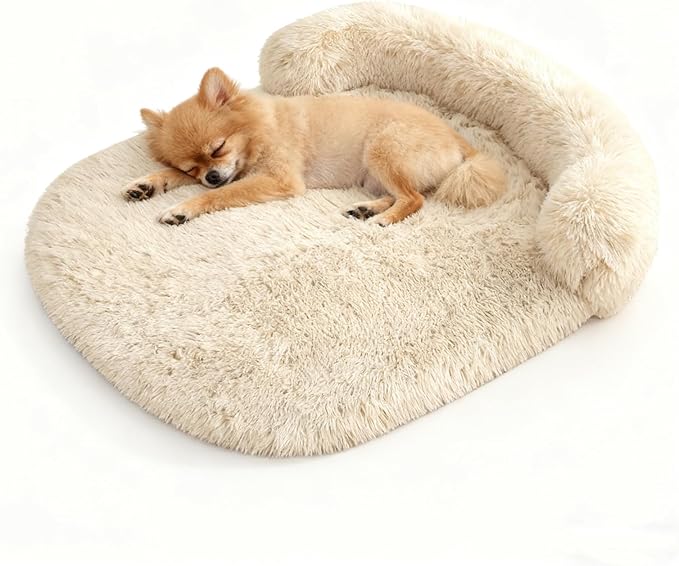 Calming Dog & Cat Beds for Small Medium Dogs Cats, Anti-Anxiety Plush Pets Lounge Couch Sofa Orthopedic Cushion, Soft Fluffy Faux Fur Washable, Fits up to 25 lbs Pets (Oval, Beige 26"x20")
