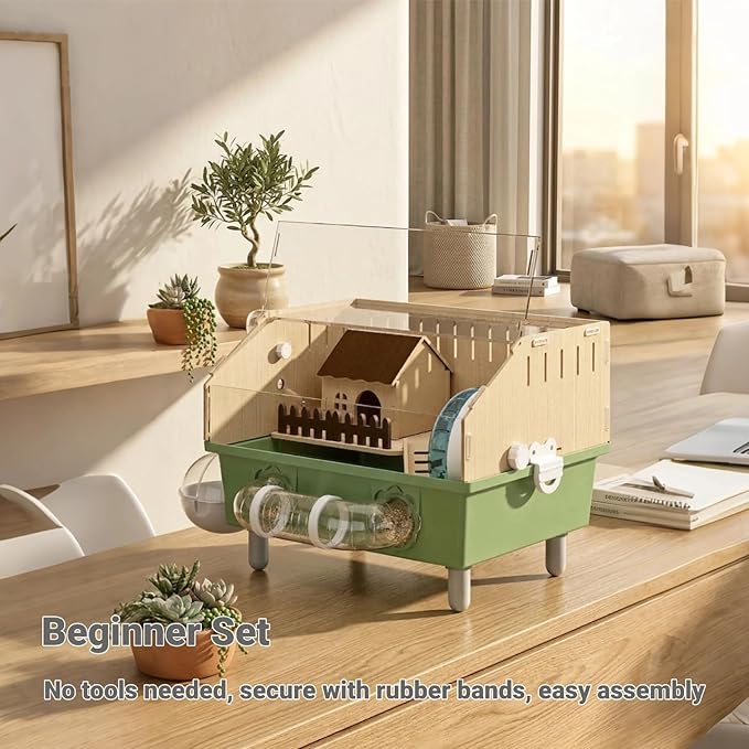 Small Animal Houses & Habitats, Hamster Cage for Dwarf Mouse, Complete Acrylic Small Animal Starter Kit with Accessories, Easy Clean Transparent Pet Cage for Hamsters Gerbils (Green)