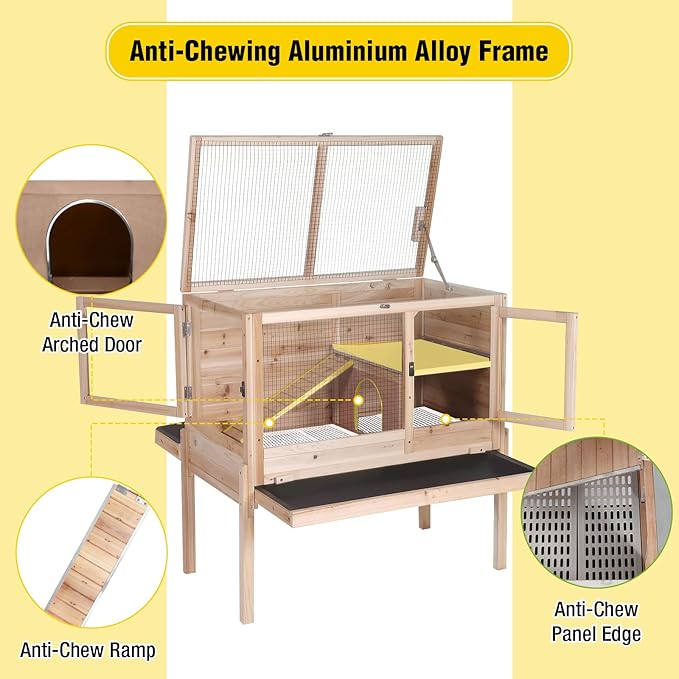 Aivituvin 2-Story Indoor Rabbit Hutch Guinea Pig Cage with Stand, Wooden Bunny Cage Small Animal Cages with Chew-Proof Ramp, Pull-Out Tray & Leakproof PVC Layer (Natural Wood)
