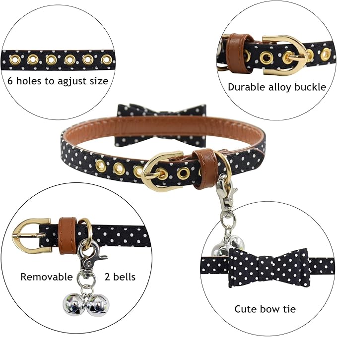 3PCS Bow Tie Dog Collar and Leash Set Plaid/Camo/Dots/Flower Dog Bandanas with Bell 3 Size Adjustable for Small Dogs Puppies and Cats (S, Black Dots)