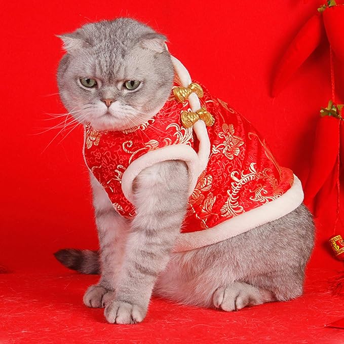 SEIS New Year Cat Knot Buttons Coat Dogs Cheongsam Winter Pet Clothes Vest of The Tang Dynasty Christmas Costume for Cats Teddy Bichon Small Medium Dogs (White, M (Chest Circumference 55cm/ 21.6"))