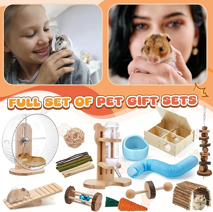 20 Pcs Hamster Toys Set, 16 Small Animal Chewing Toys, Maze Wood House, Silent Exercise Running Wheels and Water Bottle Set Feeding Bowl for Hamster Habitat Rat Cage Accessories (Blue)