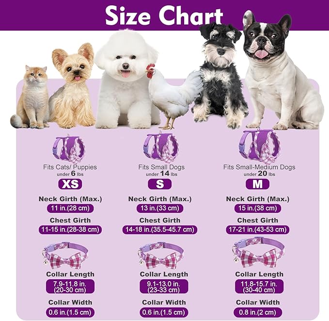 EXPAWLORER Cute Dog Harness Collar Leash Set - Purple Girl Dog Harness Checkered Step-in Design, Detachable Bow Pet Collar, Adjustable No-Choke Lightweight Mesh Vest for Cats Puppy Small Dogs, S