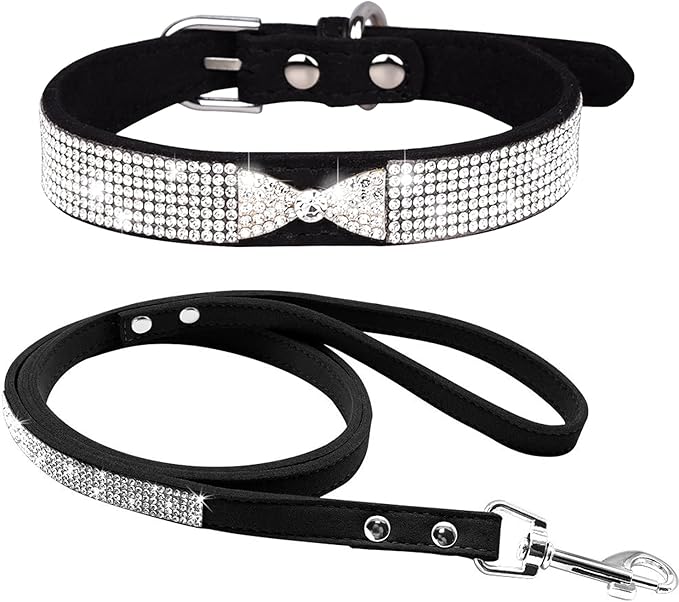 Cute Dazzling Sparkling Elegant Fancy Soft Suede Leather Bling Rhinestone Crystal Jeweled Pet Cat Dog Puppy Collar Dog Leash Combo Set (L(Neck 15-18"), Black-3)