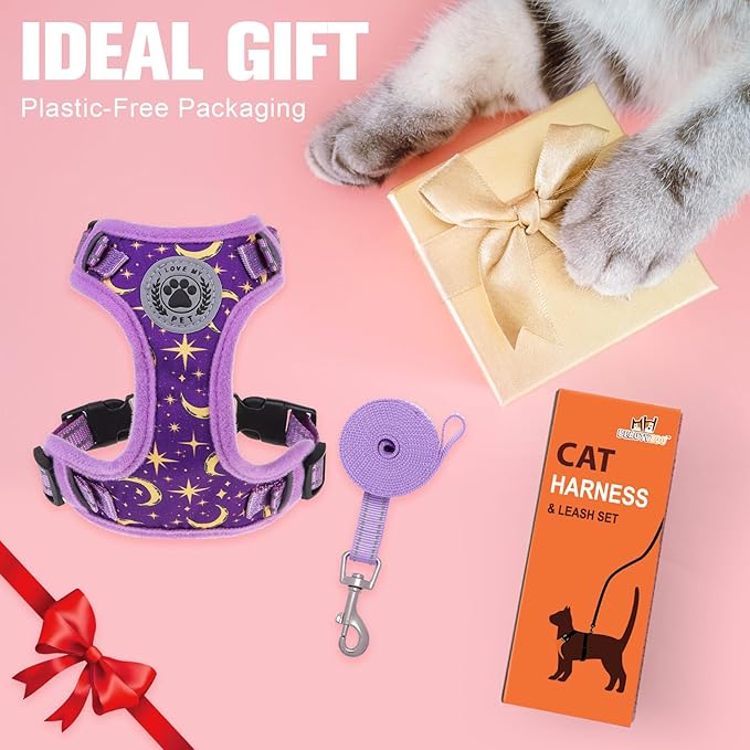 BEAUTYZOO Cat Harness, Escape Proof Cat Leash and Harness Set for Walking, Soft Breathable Vest Harness with Neck Adjustable, Reflective Easy-Control Kitten Harness for Cats (Star Design),Purple M
