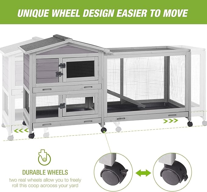 GUTINNEEN Large Rabbit Hutch Indoor Bunny Cage Outdoor with Chew-Proof Ramp 2-Story Mobile Guinea Pig Cages with 3 Pull-Out Trays