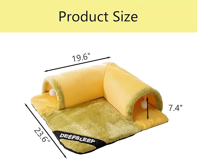 Rabbit Tunnel Bed with Removable Plush Mat - Soft Hideout & Play Tube for Bunnies, Guinea Pigs, Chinchillas, Cats, Bunny-Cozy Small Pet Toy, Grey (Yellow, Large-23"x23"x1")