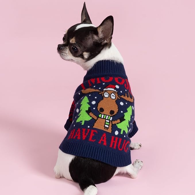 Fitwarm Funny Moose Dog Ugly Christmas Sweater, Winter Dog Clothes for Small Dogs Girl Boy, Pet Xmas Outfit, Navy, XL