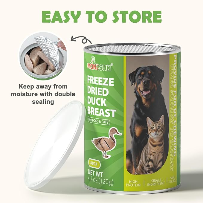 MON2SUN Freeze Dried Duck Breast Treats for Dogs & Cats - Whole Cut Chunks, Single Ingredient, High Protein, Grain Free Food Topper & Training Snacks, 4.2oz