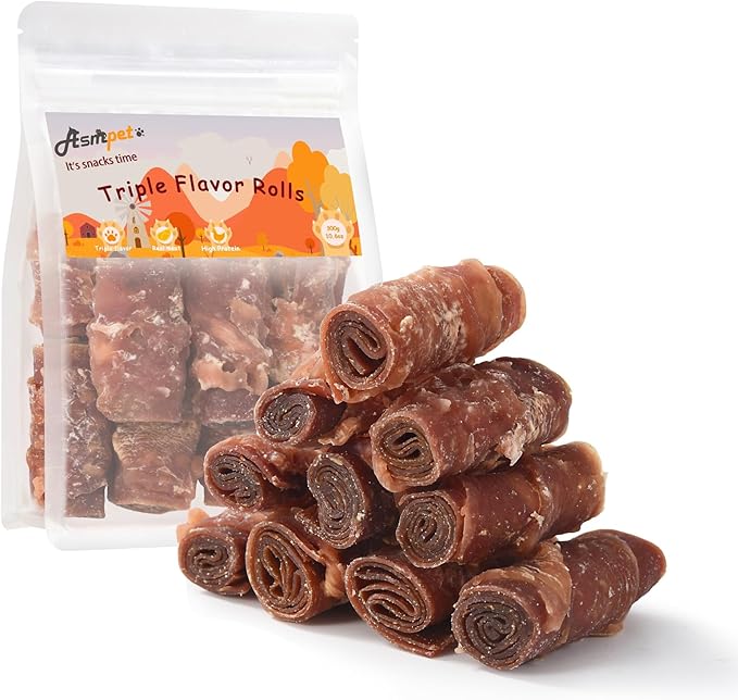 ASMPET Rawhide Free Dog Treats, Triple Flavor Chicken Wrapped Duck and Beef Rolls, Healthy Dog Snacks