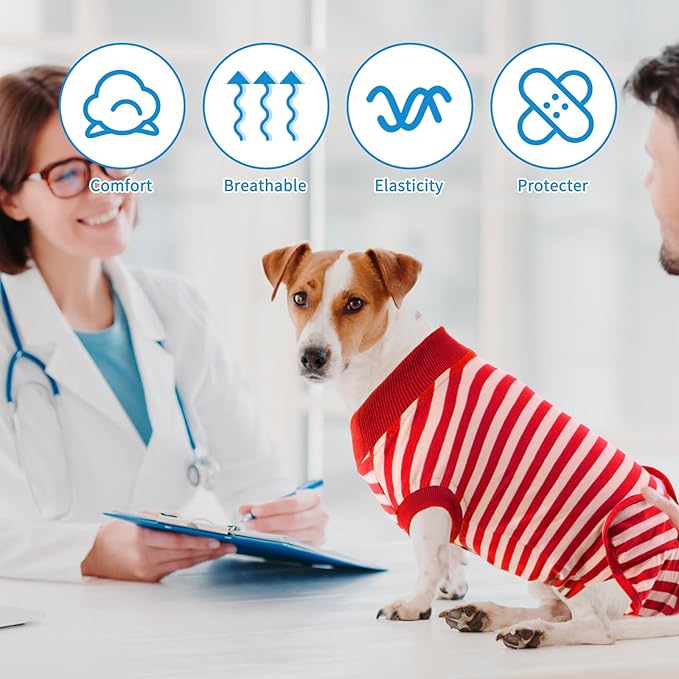 2 Packs Breathable Cotton Dog Recovery Suit for After Neuter Spay Abdominal Wounds Protector, Professional Anti-Licking Onesies for Male Female Pets Surgery Bandages, XL Red & Blue Stripes
