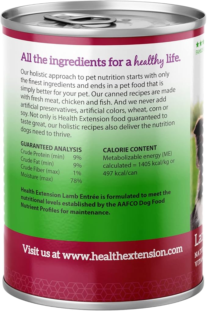 Health Extension Lamb Entrée Wet Dog Food, 12.5 oz – Protein-Rich Recipe, Hydration Support, Ideal for Sensitive Stomachs (Case of 12 Cans)