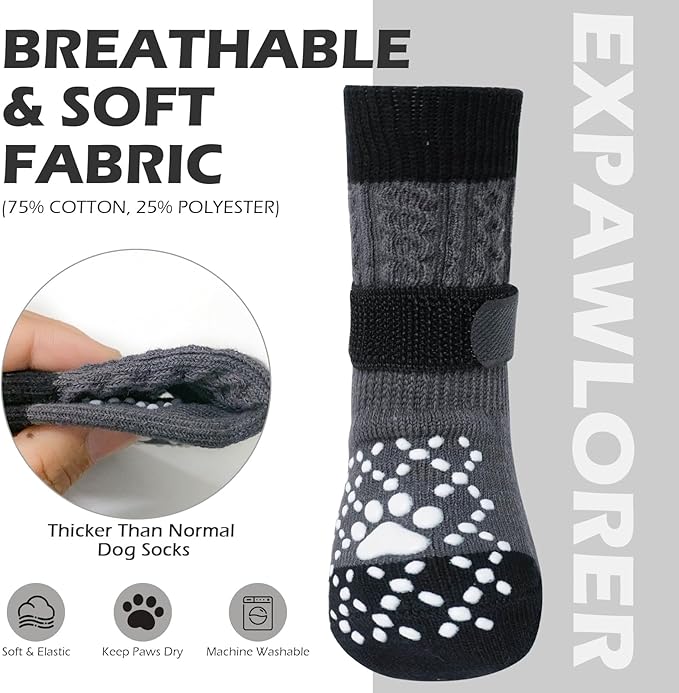 EXPAWLORER Dog Socks for Prevent Licking Paws,Winter Boots & Paw Protectors, Non Slip Doggie Grippy Booties for Hardwood Floors, Shoes for Small Medium Large Senior Dogs Twists Grey S