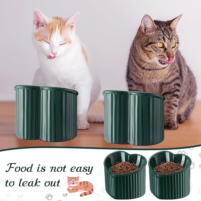 Mumufy 2 Pcs Ceramic Elevated Cat Bowls Tilted Elevated Raised Pet Bowls Anti Vomit Cat Dish for Indoor Stress Free Water Dish Feeder for Puppies, Heart Shaped(Peacock Green)