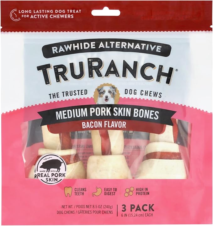 TRURANCH Medium Pork Skin Bones, Bacon Flavor - Collagen Bones for Dogs - Made with Real Pork Skin - Rawhide Alternative - Limited Ingredient - Easy to Digest Treat, 1 Bag, 3 Count