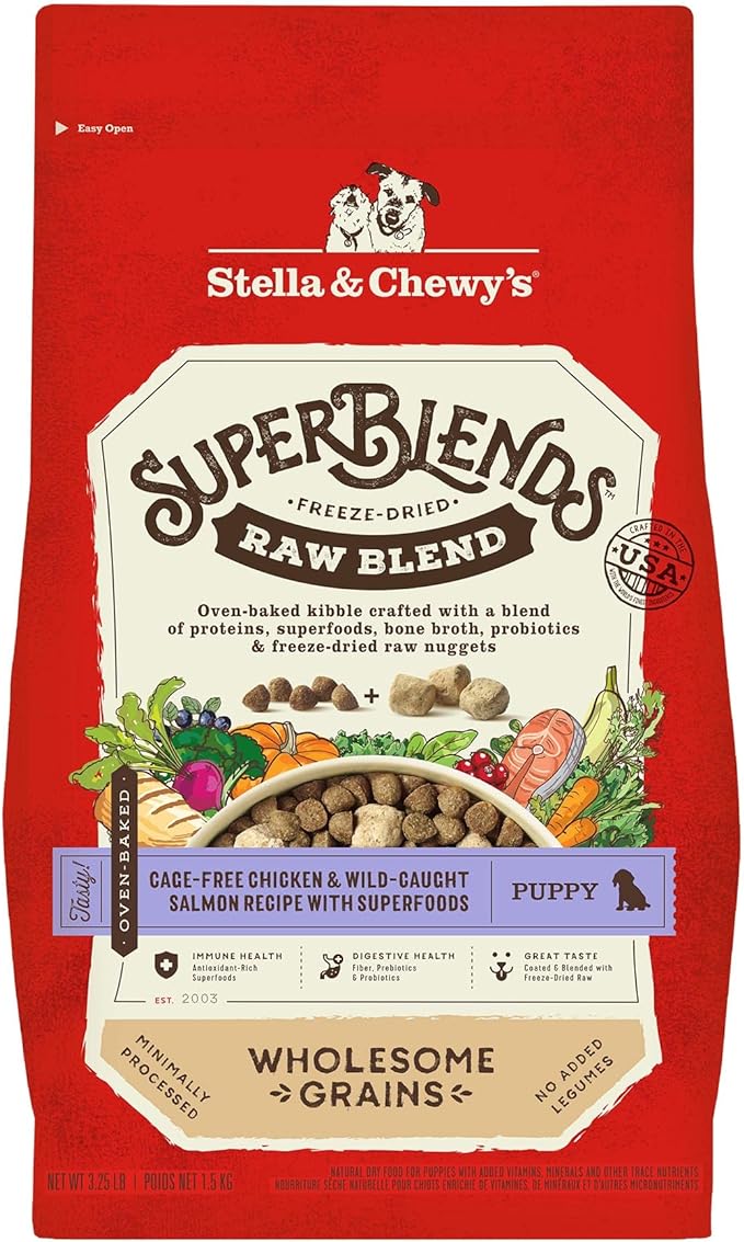 Stella & Chewy's SuperBlends Raw Blend Wholesome Grains Puppy Cage-Free Chicken & Wild Caught Salmon Recipe with Superfoods, 3.25 lb. Bag