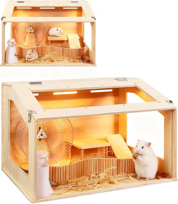 Wooden Hamster Cage and Habitat, Animal Cabinet for Dwarf Syrian Hamsters Degus, Complete Set of Needed Accessories, Openable Top with Acrylic Sheets, 24" L x 16 W x 16 H